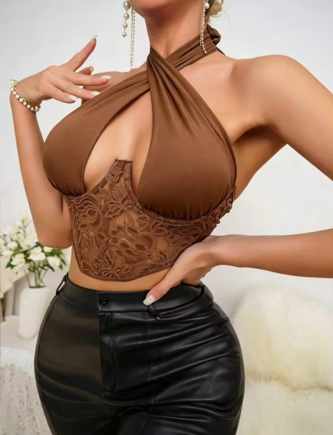 Women's Sexy Criss-Cross Halter Cutout Lace Patchwork Corset Top – Slimming Shapewear Bustier